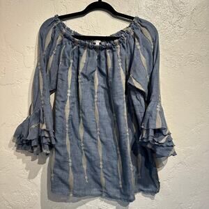 Kaktus Ladies Size small blouse Bell Sleeve Boho Coastal Embroidery Chambray